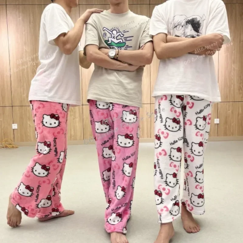 2024 Sanrio Hallo Kitty Pyjama Halloween Flanell Mode Hosen Frauen Kawaii Wolle Anime Cartoon Casual Home Hosen Herbst