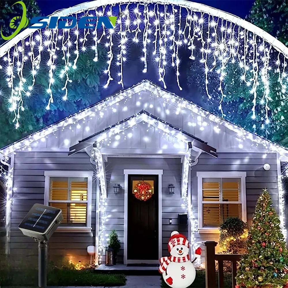 Outdoor Solar Icicle Curtain lights Waterproof Christmas Decorative String Light 8 Lighting Modes Garden Eave Fairy String Light