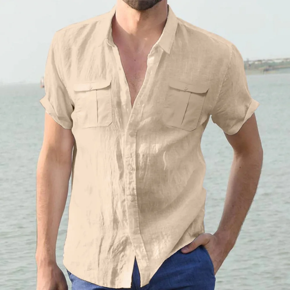 Männer Baumwolle Leinen Hemden für Männer Kurzarm Strand Sommer Casual Lose Hemd Drehen Unten Kragen Streetwear Männer Image