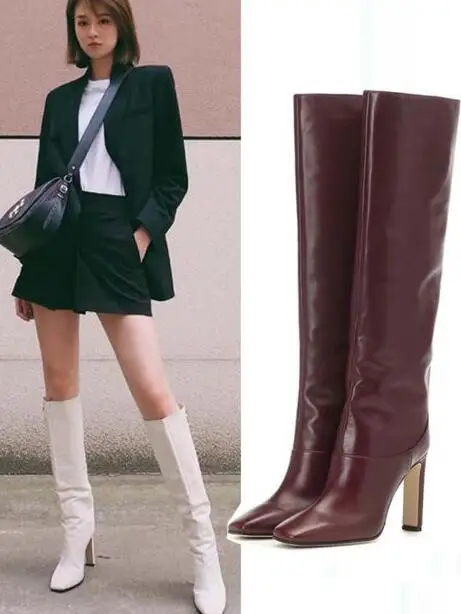 Frau Schwarz Burgund Weiß Braun Leder 9 cm Quadratische Absätze Kniehohe Stiefel Karree Slip On Tube Lange High Top Stiefel Schuhe