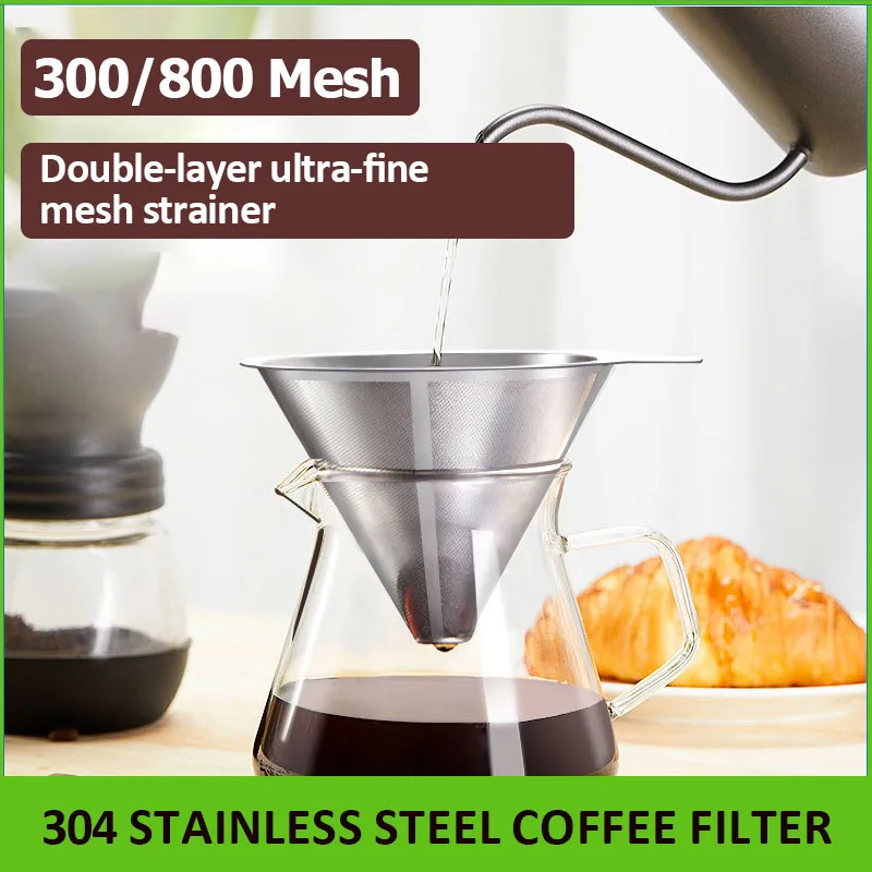 Wiederverwendbarer doppelschichtiger Kaffeefilter aus Edelstahl 304, 300/800 Mesh, ultrafeines Kaffee-Teesieb, Kaffeezubehör Image