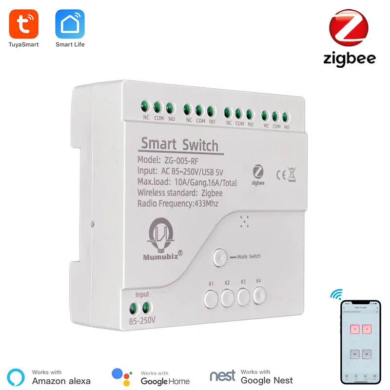 Tuya Smart Zigbee 220 V Schalter 4 Kanal mit Ding-Schienen-Gehäuse Funktioniert mit Alexa Home Assistant Zigbee Tipp-Schalter Image