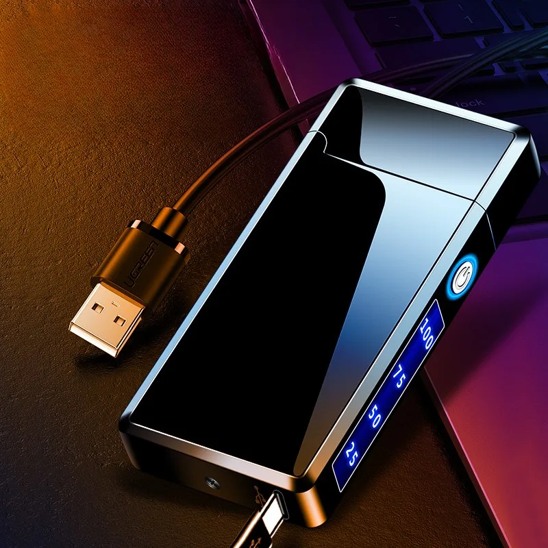 Metall USB Aufladen Einzigen Arc elektrische Feuerzeug im freien winddicht LED power display Touch Empfindliche Zigarette Leichter Männer geschenk Image
