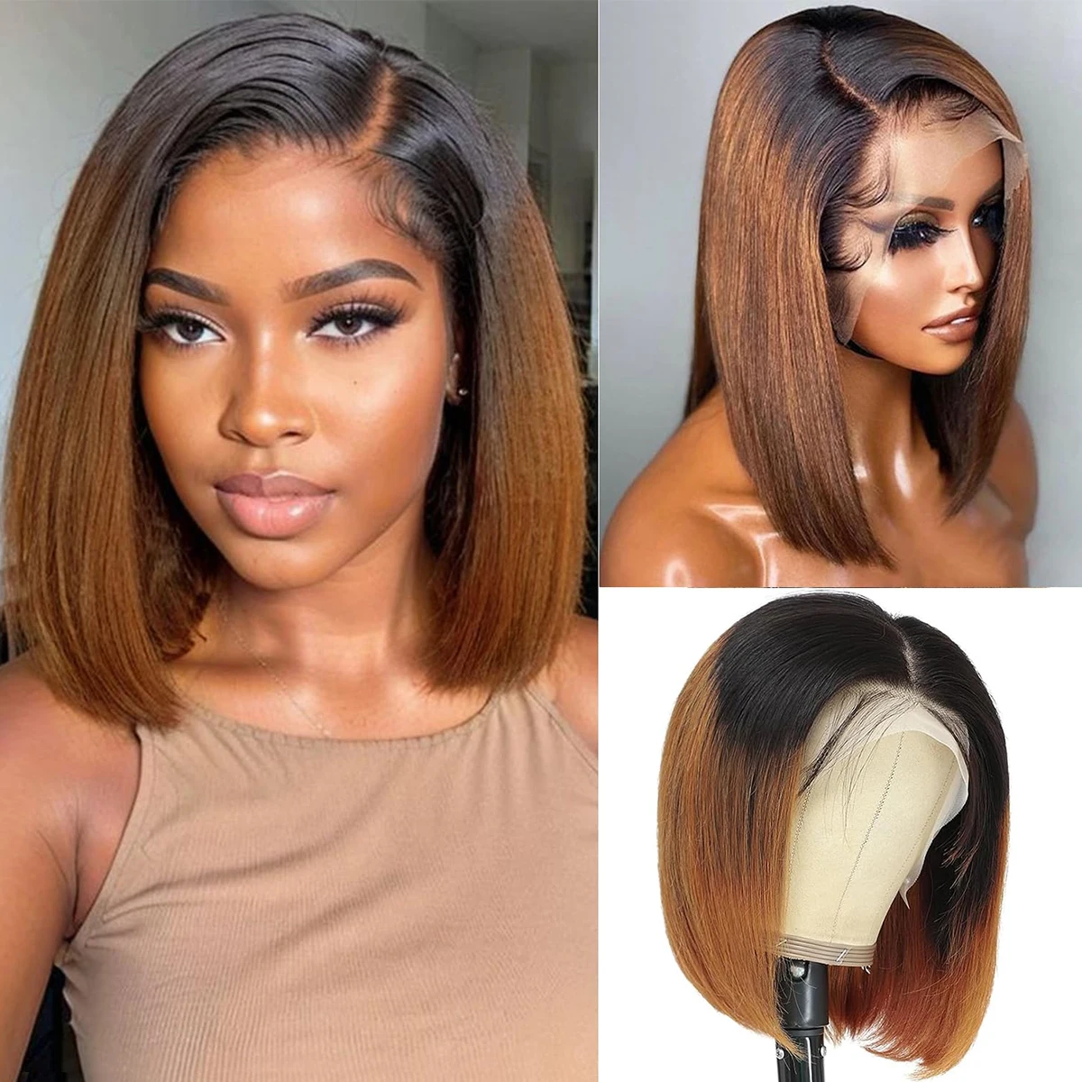 Remy-Echthaar, 13 x 4 x 1 Teil, Lace-Frontal-Perücke, 1B/30, gerade, kurz, braun gefärbt, Bob-Perücke, 180 % Dichte, vorgezupft, mit Babyhaar Image