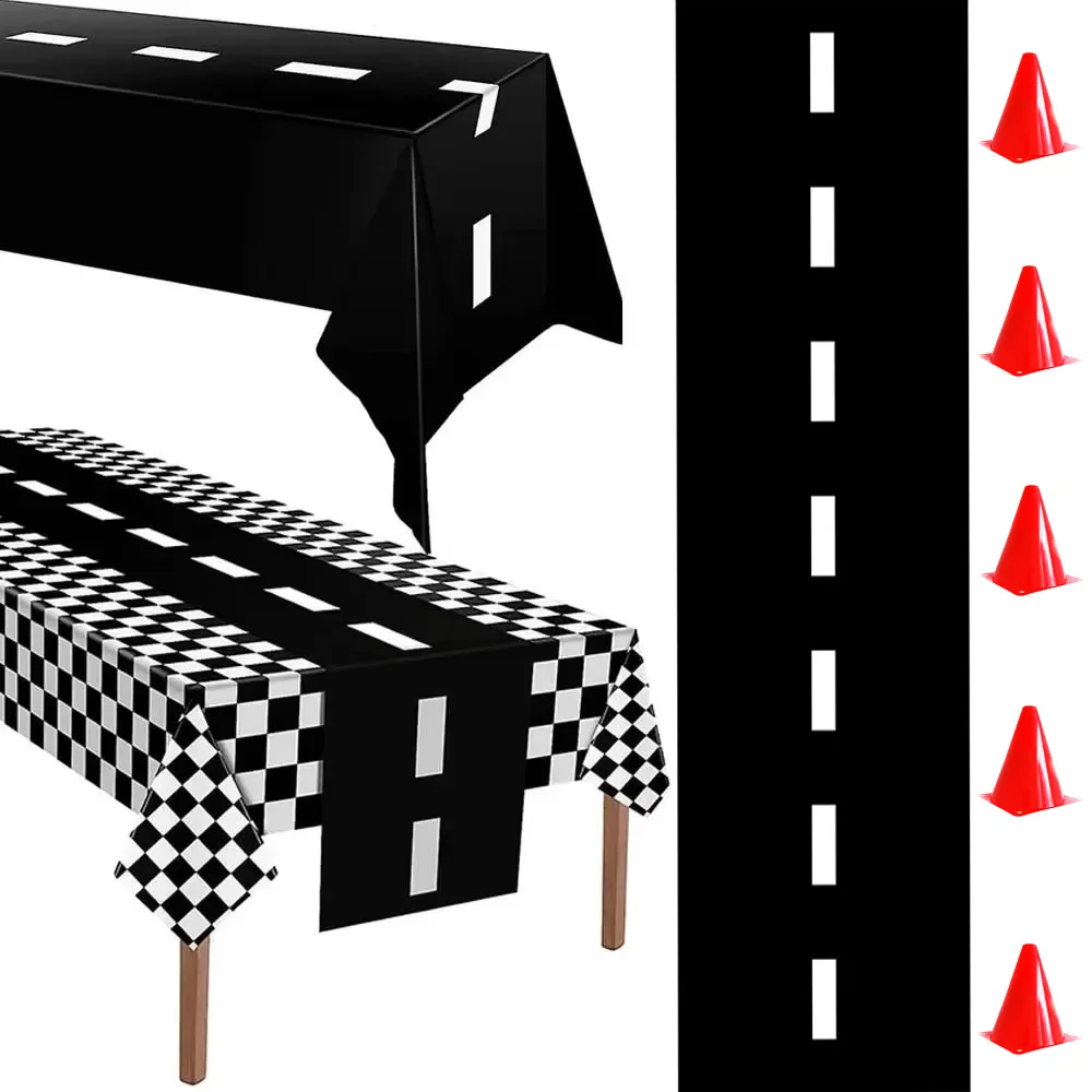 Renn-Geburtstagsdekorationen, Straßentischdecke, Rennstrecke, Tischdecke, Läufer, Tischfahne für Kinder, Auto, Thema, Geburtstagsparty-Zubehör Image