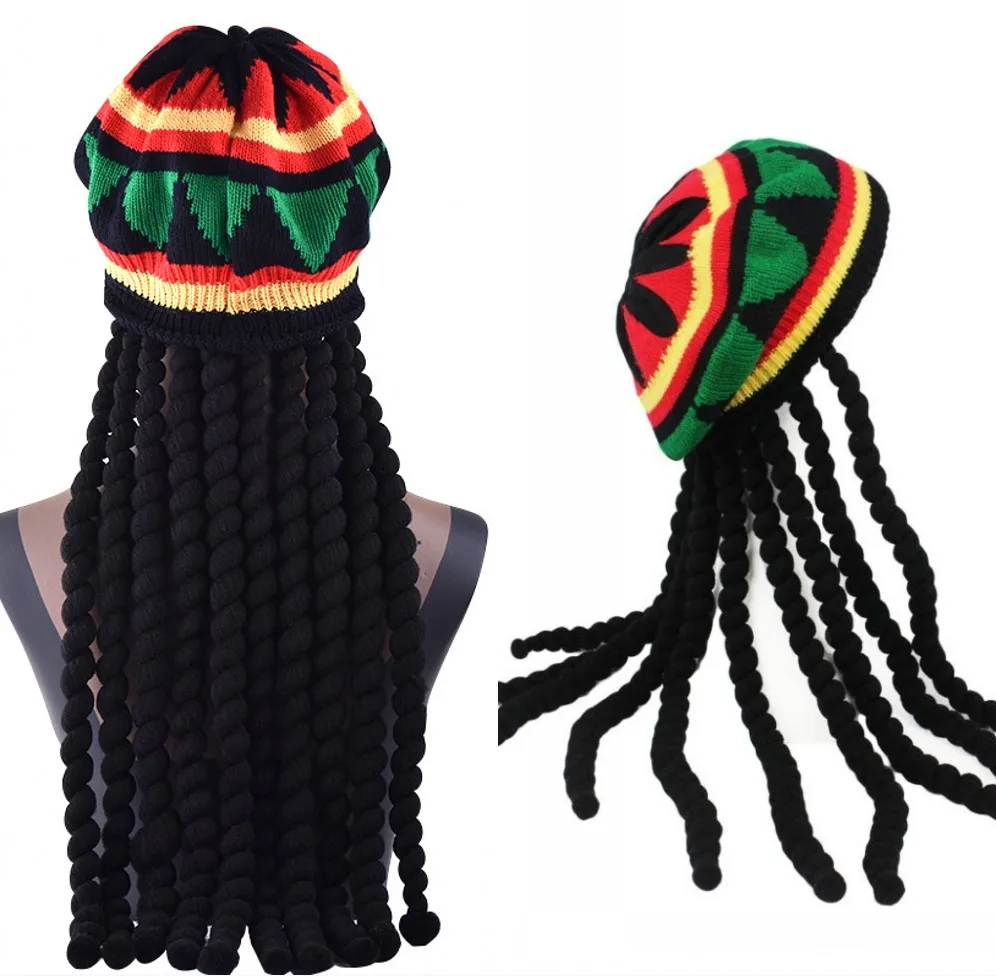 Vintage jamaikanische Rasta schwarze Perücke lange Haare Hut Dreadlocks Zopf Beanie Strickmütze Bühne Hip Hop Tanz Kopfbedeckung Dreadlocks Perücke Hut