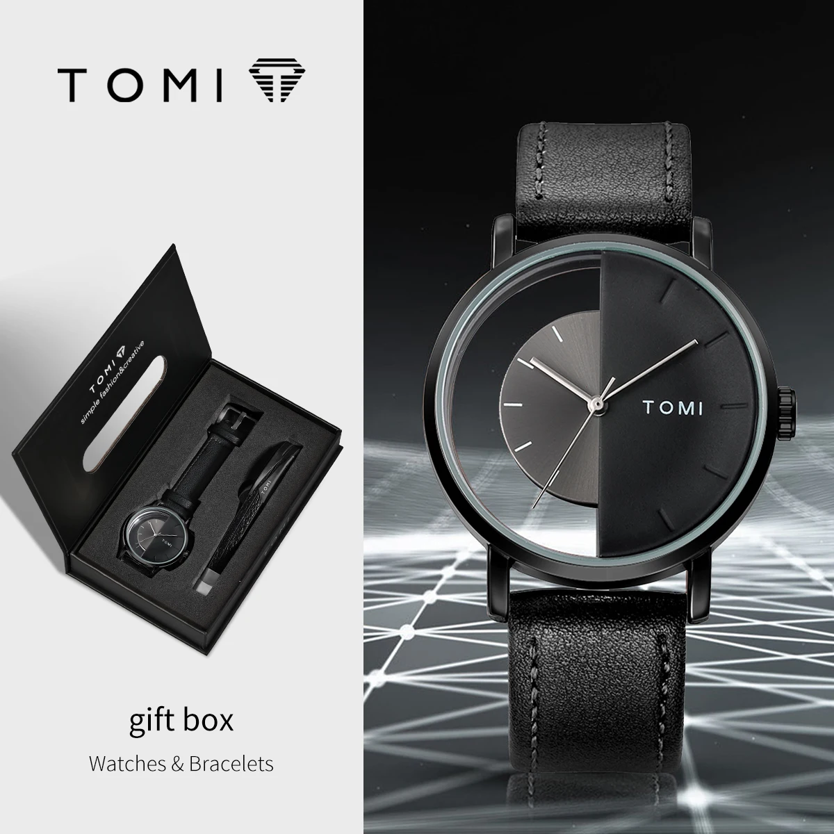 TOMI Neue 2PCS männer Geschenk Box Uhr Armband Minimalistischen Business Hohl Runde zifferblatt männer Quarzuhr Armband uhr Geschenk Reloj Image