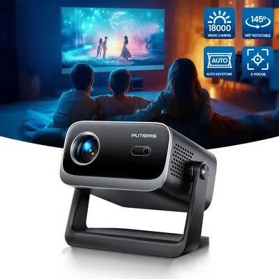 145 ° Verstellbarer Ständer, Mini-Projektor mit WLAN und Bluetooth, 1080P-Unterstützung, 18000 l tragbarer Projektor, elektrischer Fokus, automatischer Keystone Image
