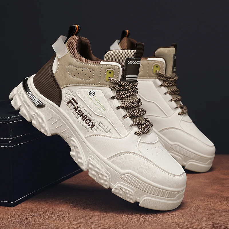 Mode Männer Pu Leder Freizeit schuhe Frühling atmungsaktive Komfort Plattform Wanderschuhe Männer High Top Stiefel Trend Skateboard Schuhe