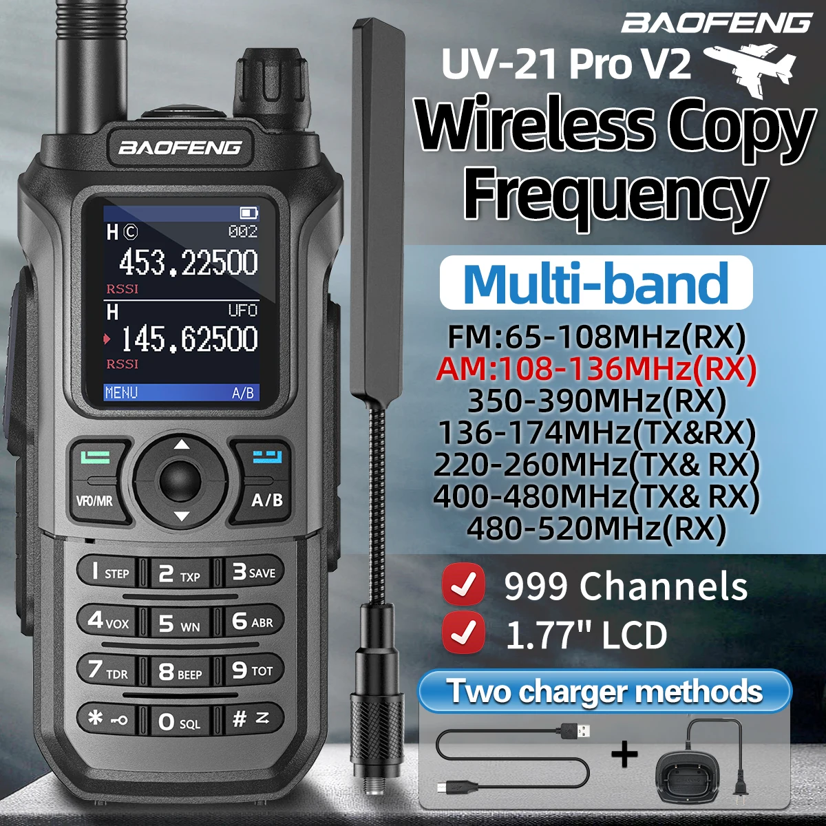 Baofeng UV 21 Pro Wireless Copy Frequency Walkie Talkie 16 KM AM Long Range Waterproof Multi-Band Type-C Charger Ham Radio UV 5R Image