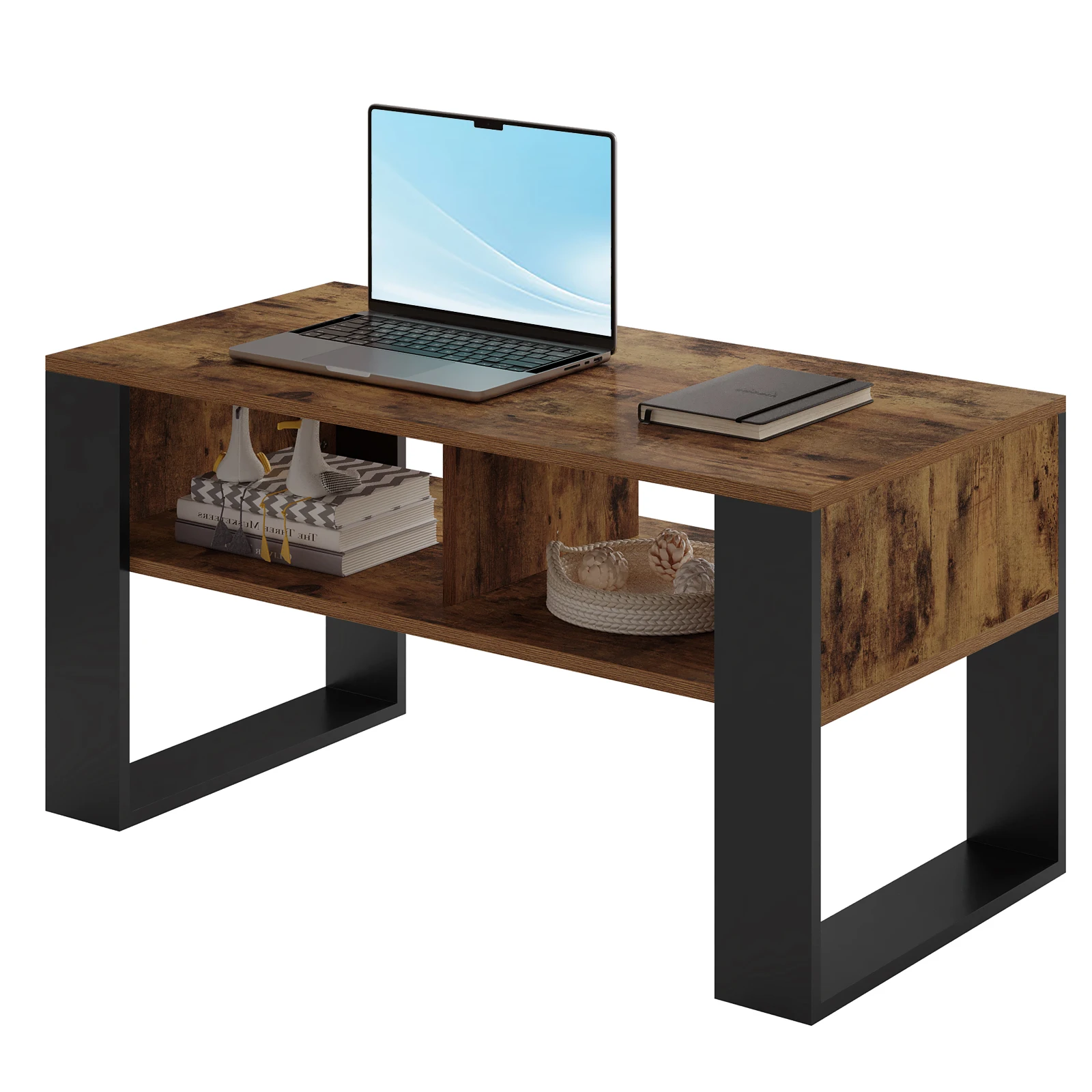 WOLTU Tee-Couchtisch mit Stauraum, 2 offene Fächer, Beistelltisch, Vintage-Industriestil, Sofatisch für Wohnzimmer, Schlafzimmer