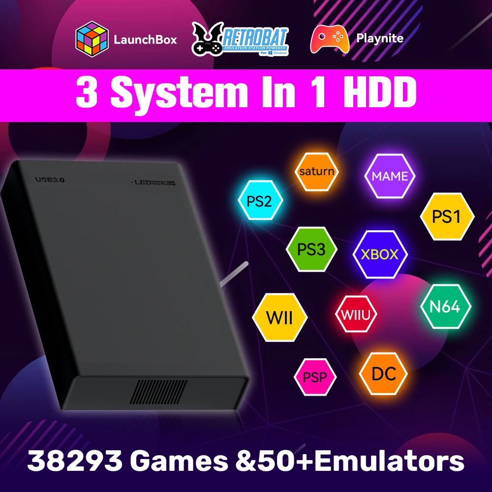 500G Retro Gaming HDD Videospielkonsole Retrobat&Playnite&Launchbox OS für XBOX/PS3/PS2/Switch/Wii/WiiU/DC/NES mit 38200+ Spielen