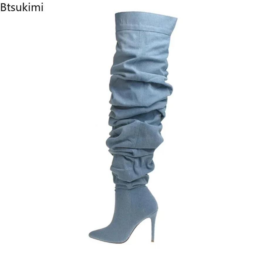 2026 Damen Sexy Denim Overknee-Stiefel mit dünnem Absatz, Western Cowboy Lange Stiefel, Slip-on Damen Overknee-Stiefel mit hohem Absatz