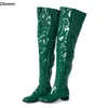 Olomm handgemachte Frauen Winter Oberschenkel Stiefel Unisex flach mit Absätzen Reiß verschluss runde Zehen hübsche grüne Freizeit schuhe Damen uns Größe 5-20