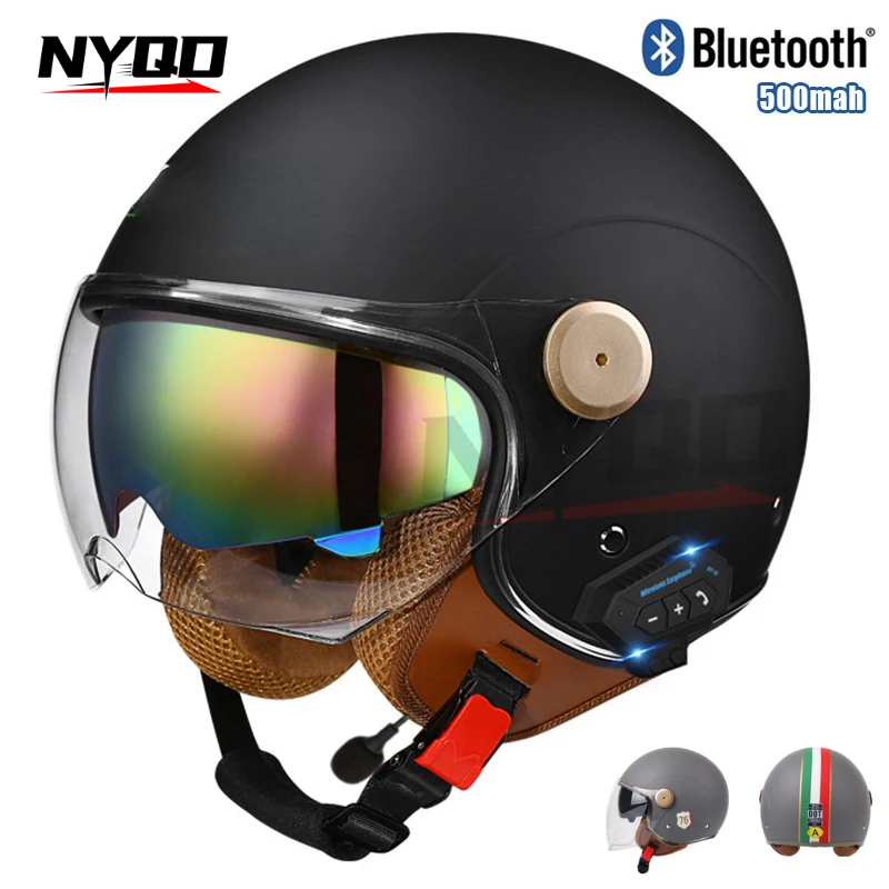 Retro Motorrad Helm Jet mit Bluetooth Sommer Elektro roller Motorrad Helm Kappe Moto offenes Gesicht Sonnenblende Image