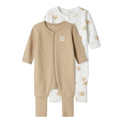 Schlafoverall NAME IT "NBNNIGHTSUIT für Jungen mit süßem Print im 2er-Pack", Baby, Gr. 86, N-Gr, braun (oxford tan), Jersey, Obermaterial: 100% Baumwolle, bedruckt, casual, regular fit, Langarm, Overalls, bedruckt, casual, regular fit, Baumwolle,... Image