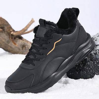 Men's Winter Snow Sneakers - Waterproof Black Lace-Up Shoes with Faux Fur Lining for Warmth and Comfort in Cold Weather