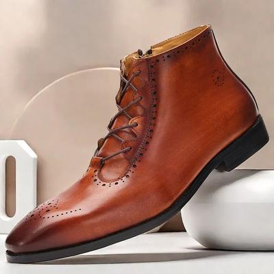 Men's Brown Lace-Up Ankle Boots with Brogue Detailing - Premium Cowhide Leather Dress Boots for Formal Business Wear