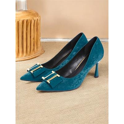 Women's Teal Velvet Pointed Toe Kitten Heel Pumps - Elegant Evening and Office Shoes with Gold Buckle Detail