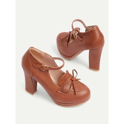 Women's Vintage Brown Mary Jane Pumps - Chunky Heel Platform Shoes with Bow Detail, Ideal for Retro and Classic Outfits, Perfect for Office, Parties, and Special Occasions