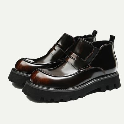 Men's Chunky Sole Glossy Brown Ankle Boots - Modern Slip-On Design for Casual and Formal Occasions