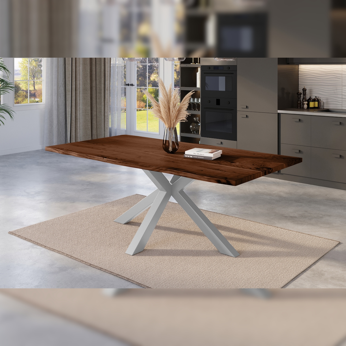 Möbelliebling Esstisch Baumkante massiv Akazie nussbaum 180 x 90 cm Spider-Gestell silber Kalea Image