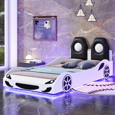 Race Car Bed with LED Light and Upholstered Backrest, Floor Bed with Headboard & Rails