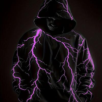 TEMU Men's Fashion Hooded Sweatshirt With Lightning Print - 100% Polyester Casual Loose Fit Pullover With Front Pocket And Stretch Knit Fabric Image