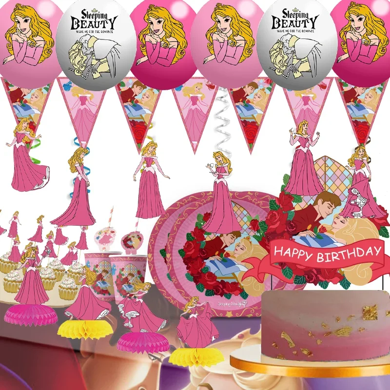 MINISO Sleeping Beauty Theme Princess Party Supplies Cup Plate Disposable Tableware Tablecloth Topper Wedding Party Decoration