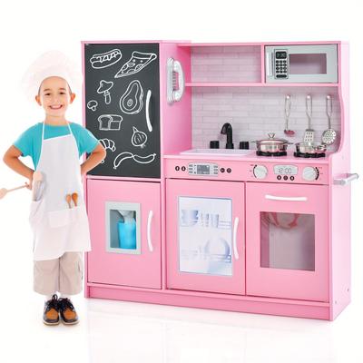 TEMU Costway Pretend Play Kitchen Toddler Kitchen Playset W/ Blackboard Pink