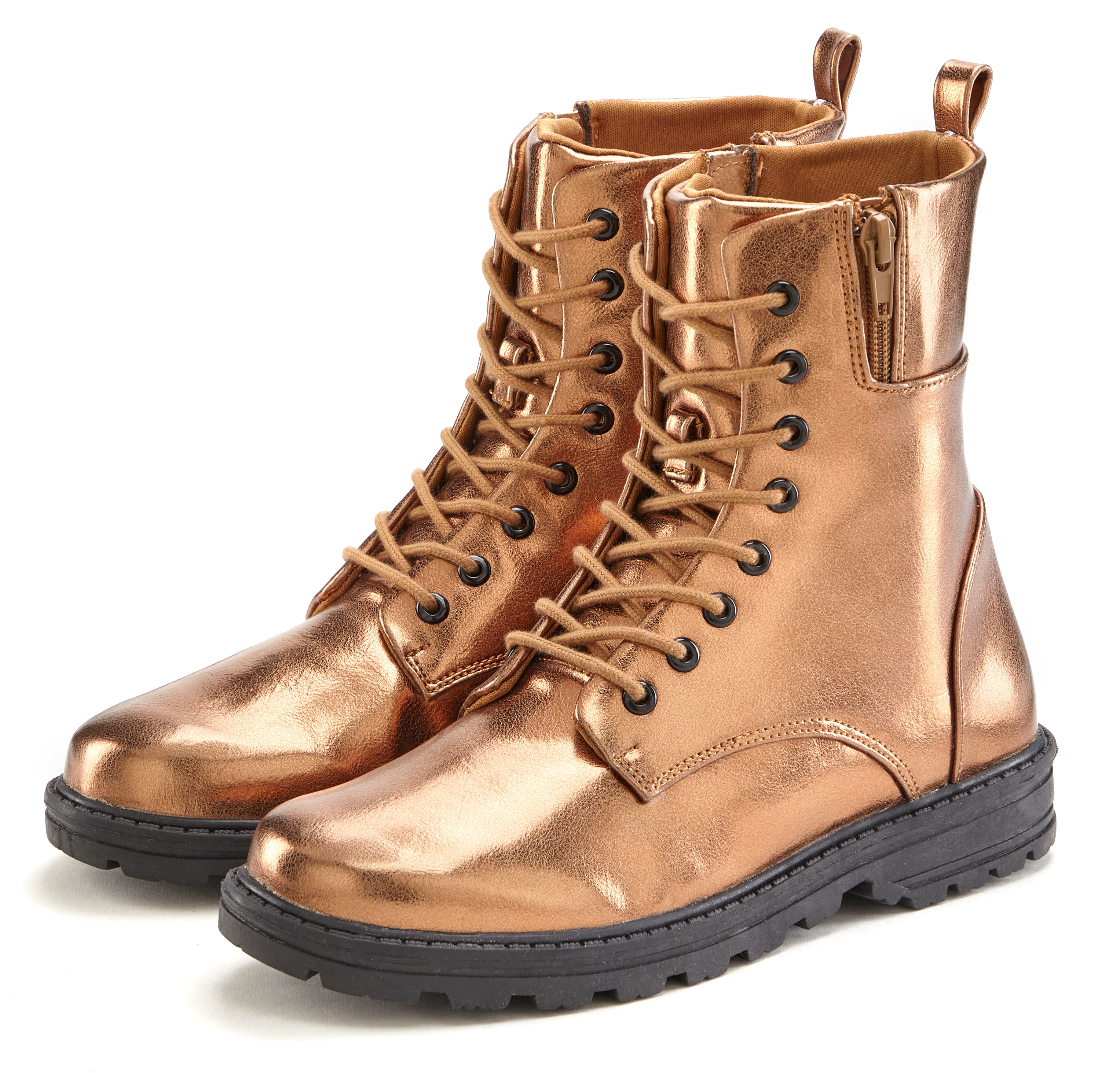 Stiefelette LASCANA, Damen, Gr. 36, braun (bronzefarben), Obermaterial: 100% Lederimitat. Decksohle: 100% Textilmaterial. Futter: 100% Textilmaterial. Laufsohle: 100% Synthetik, metallic, unifarben, Schuhe Stiefelette, im angesagten Metallic-Look,...