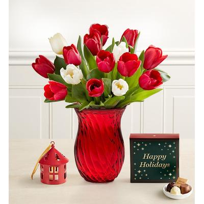 1-800-Flowers Flower Delivery Holiday Tulips 15 Stems W/ Red Vase, Lantern Ornament & Chocolate