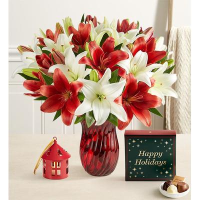 1-800-Flowers Flower Delivery Holiday Lily Bouquet 14 Stems W/ Red Vase, Lantern Ornament & Chocolate