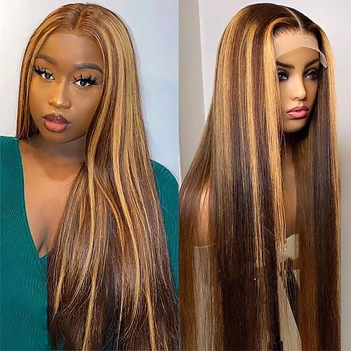 Highlights Echthaar P4/27 Klavierfarbe 134 Front Lace Perücke glattes Haar Echthaar 150% Dichte 16-30 Zoll Image