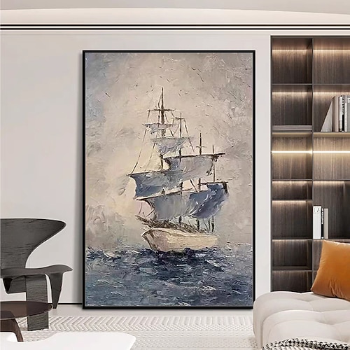 Mintura handgefertigte abstrakte Ölgemälde mit Bootslandschaft auf Leinwand, Wandkunst, Dekoration, modernes Strukturbild für die Inneneinrichtung, gerolltes, rahmenloses, ungedehntes Gemälde Image