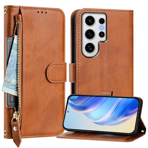 Handy Hülle Handyhüllen Für Samsung Galaxy S25 S24 S24 FE S23 S22 S21 Ultra Plus A55 5G A35 5G A25 A15 Brieftaschenhülle Mit Ständer Reisverschluss Vollschutz Retro TPU PU-Leder Image