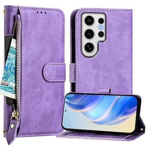 Handy Hülle Handyhüllen Für Samsung Galaxy S25 S24 S24 FE S23 S22 S21 Ultra Plus A55 5G A35 5G A25 A15 Brieftaschenhülle Mit Ständer Reisverschluss Vollschutz Retro TPU PU-Leder Image