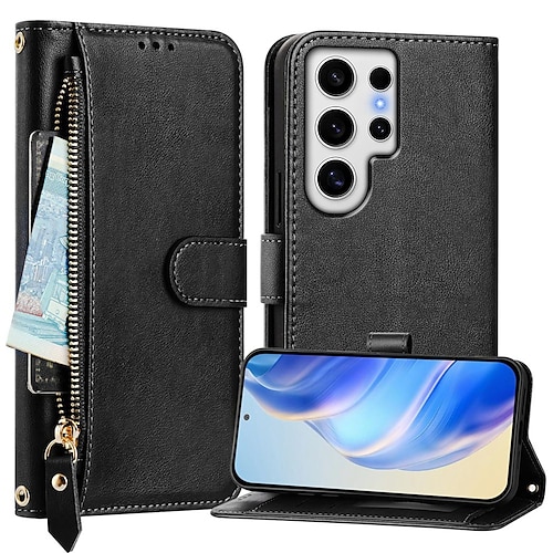 Handy Hülle Handyhüllen Für Samsung Galaxy S26 Ultra Plus S25 S24 S23 S24 FE S22 S21 Ultra Plus S20 A55 5G A35 5G Brieftaschenhülle Mit Ständer Reisverschluss Vollschutz Retro TPU PU-Leder Image
