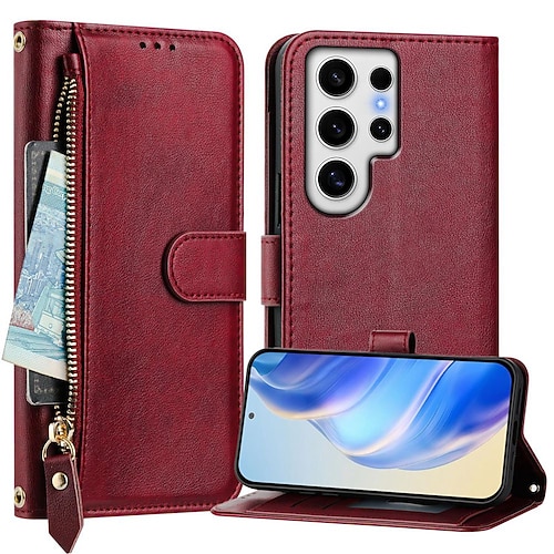 Handy Hülle Handyhüllen Für Samsung Galaxy S25 S24 S24 FE S23 S22 S21 Ultra Plus A55 5G A35 5G A25 A15 Brieftaschenhülle Mit Ständer Reisverschluss Vollschutz Retro TPU PU-Leder Image