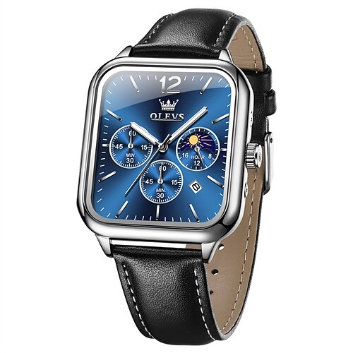 Neue Olevs Olevs Marke Mode Trend Herren Gürtel Uhr Quadrat Zifferblatt Leuchtender Mondphasenkalender Multifunktion Drei Augen Mit Mondphase Quarzuhr Lässige Wasserdichte Sport Herrenarmbanduhr