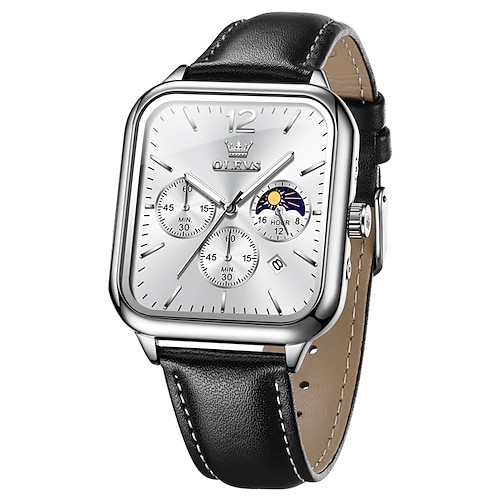 Neue Olevs Olevs Marke Mode Trend Herren Gürtel Uhr Quadrat Zifferblatt Leuchtender Mondphasenkalender Multifunktion Drei Augen Mit Mondphase Quarzuhr Lässige Wasserdichte Sport Herrenarmbanduhr