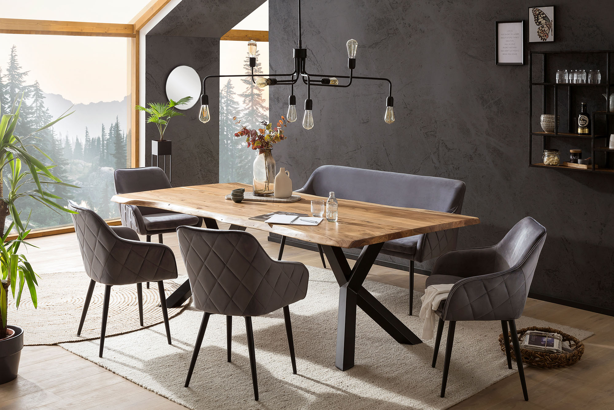 Eckbankgruppe SALESFEVER "Eckbankgruppe in Landhausstil", grau (grau, natur, schwarz, schwarz), B:220cm H:76,5cm T:110cm, Massivholz, Metall, Polyester, Sitzmöbel-Sets, Eckbankgruppe, Rückenfläche mit aufwändiger Rautensteppung