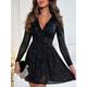 Women's Sequin Dress Mini Dress Sequins Casual V Neck Long Sleeve Black White Fuchsia Color