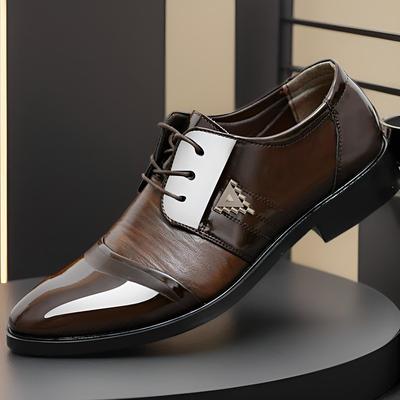 Men's Patent Faux Leather Oxford Dress Shoes with Brown and Black Contrast – Formal Lace-Up Shoes for Business and Special Occasions