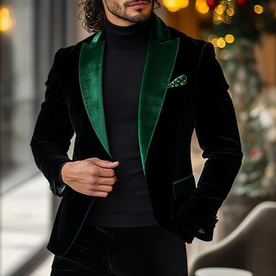 Men's Blazer Jacket Tuxedo Christmas Vintage Party Patchwork Blazer Black / Green Standard Fit