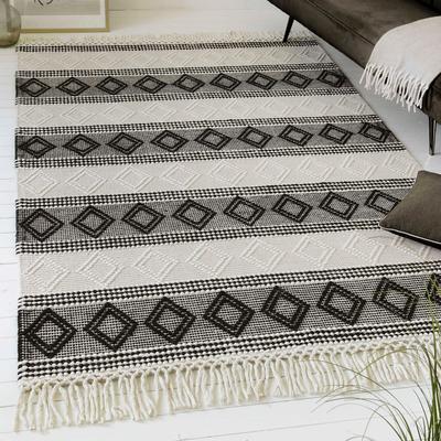 Teppich OTTO HOME "Jorvik", beige (creme,grau), B:140cm H:8mm L:200cm, Schurwolle, Baumwolle, Teppiche, Kurzflor, Wolle, handgewebt, mit Fransen, Schlafzimmer Image