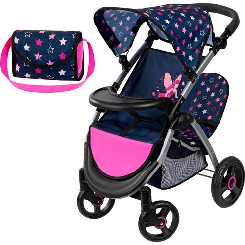 Puppen-Zwillingsbuggy BAYER ""Twin Star, blau/pink"" Puppenwagen blau (blau/pink) Kinder mit Wickeltasche