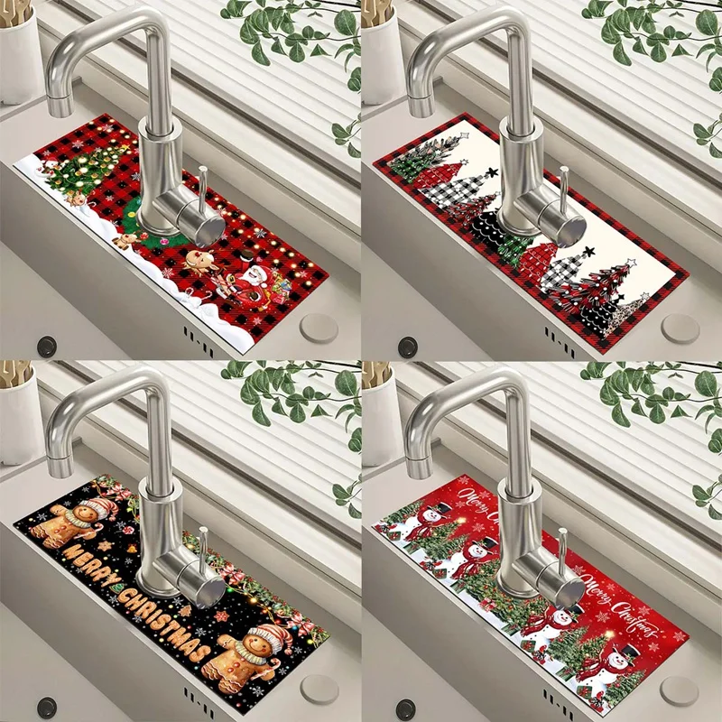Tapis de cuisine de noël en terre de diatomée, tapis absorbant pour robinet, maison, salle de bains, accessoires de comptoir de cuisine, décor de noël 2025