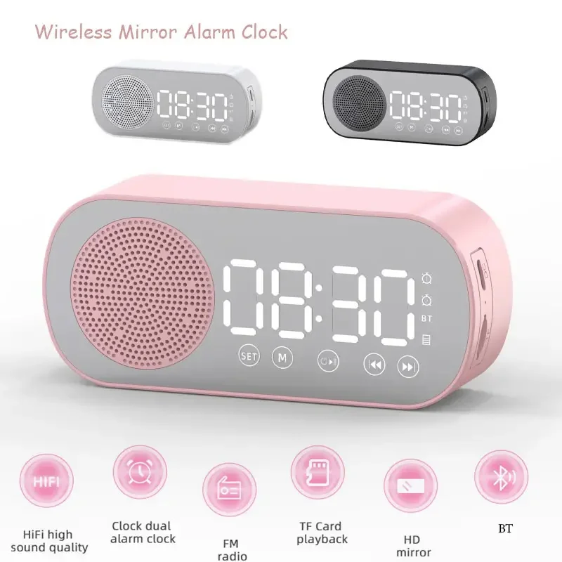 Haut-parleur Bluetooth sans fil, horloge, double alarme, Support carte TF, Radio FM, qualité sonore HIFI, horloges de bureau numériques, décoration de la maison