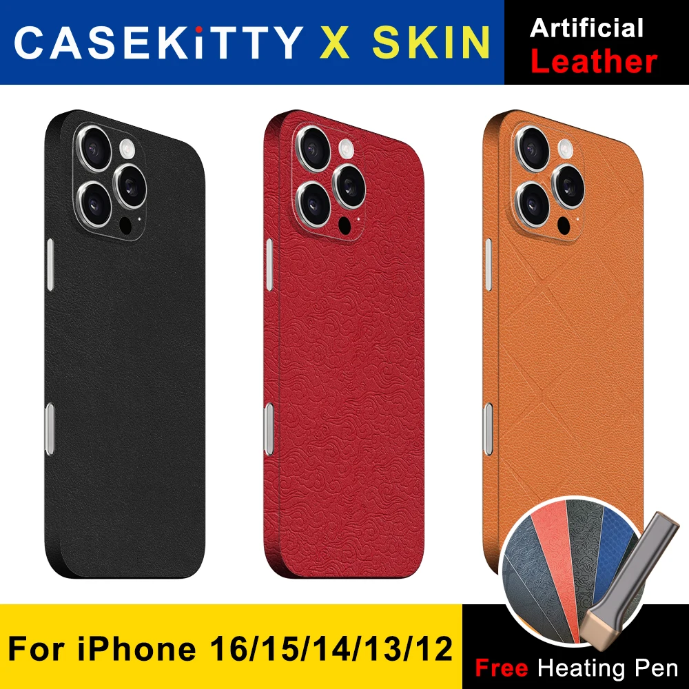 CASEKiTTY-Autocollant de protection en cuir de peau pour iPhone, film arrière, autocollant rond, couverture complète, iPhone 16 Pro Max, iPhone 15 Pro, iPhone 14 Plus, iPhone 13, iPhone 12